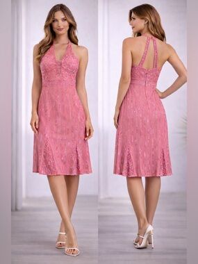 Ugo Zaldi Pink/Coral Silk Beaded Halter Dress FR 38 / US 6 Cocktail Wedding